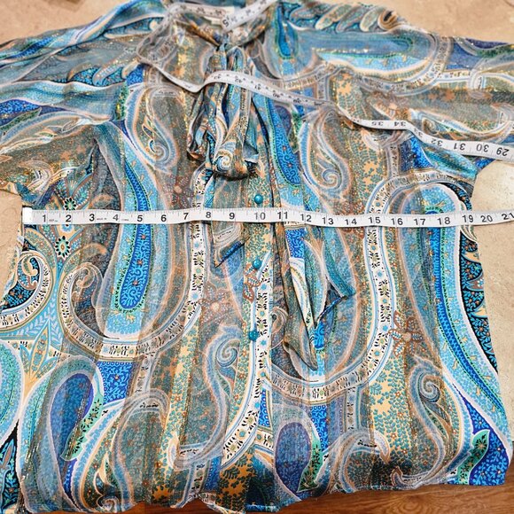 Vintage The Silk‎ Farm Paisley Silk Blouse Gold Metallic Thread Bow Size 8 - Picture 3 of 7